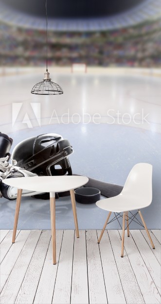 Picture of Dramatic Hockey Arena With Equipment on Reflective Ice and Copy Space Deliberate focus on foreground equipment and shallow depth of field on background Lighting flare effect